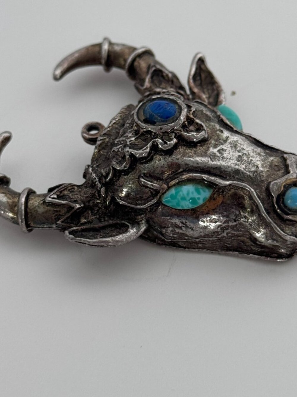Bull Head Pendant Silver Tone Taurus Boho Mid Century Jewelry Vintage Ox Skull - Picture 8 of 11